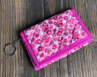 Vintage Pink Floral Wallet - Loop and Hook - Flower Pink Wallet - Keychain - Folding Wallet