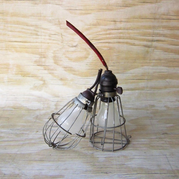 Vintage-Industrial Hanging Utility Cage Light set of 2