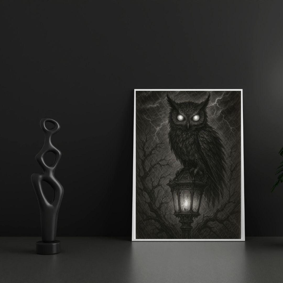 Dark Academia Decor Mystical Black & White Owl Wall Art Canvas - Gothic ...