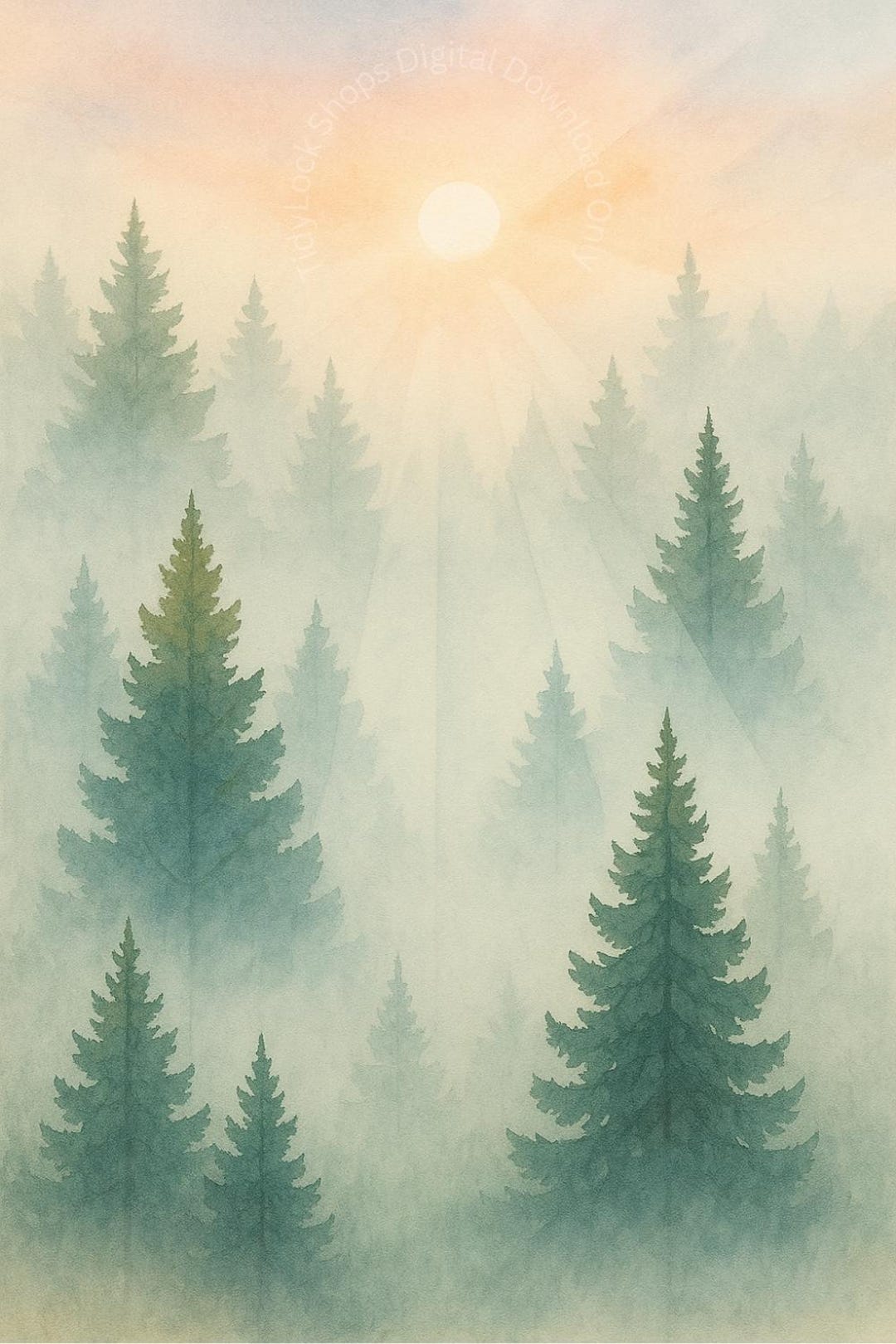 Misty Pine Tree Watercolor Print, Scandinavian Forest Art (digital ...