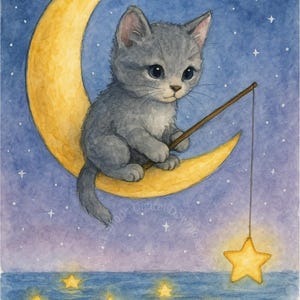 Angeln nach Sternen Kinderzimmer Wandkunst • Süßes Kätzchen zum Ausdrucken • Mond und Sterne Kinderzimmer Dekor • Aquarell Katze Kinderzimmer Kunst • Digitaler Download