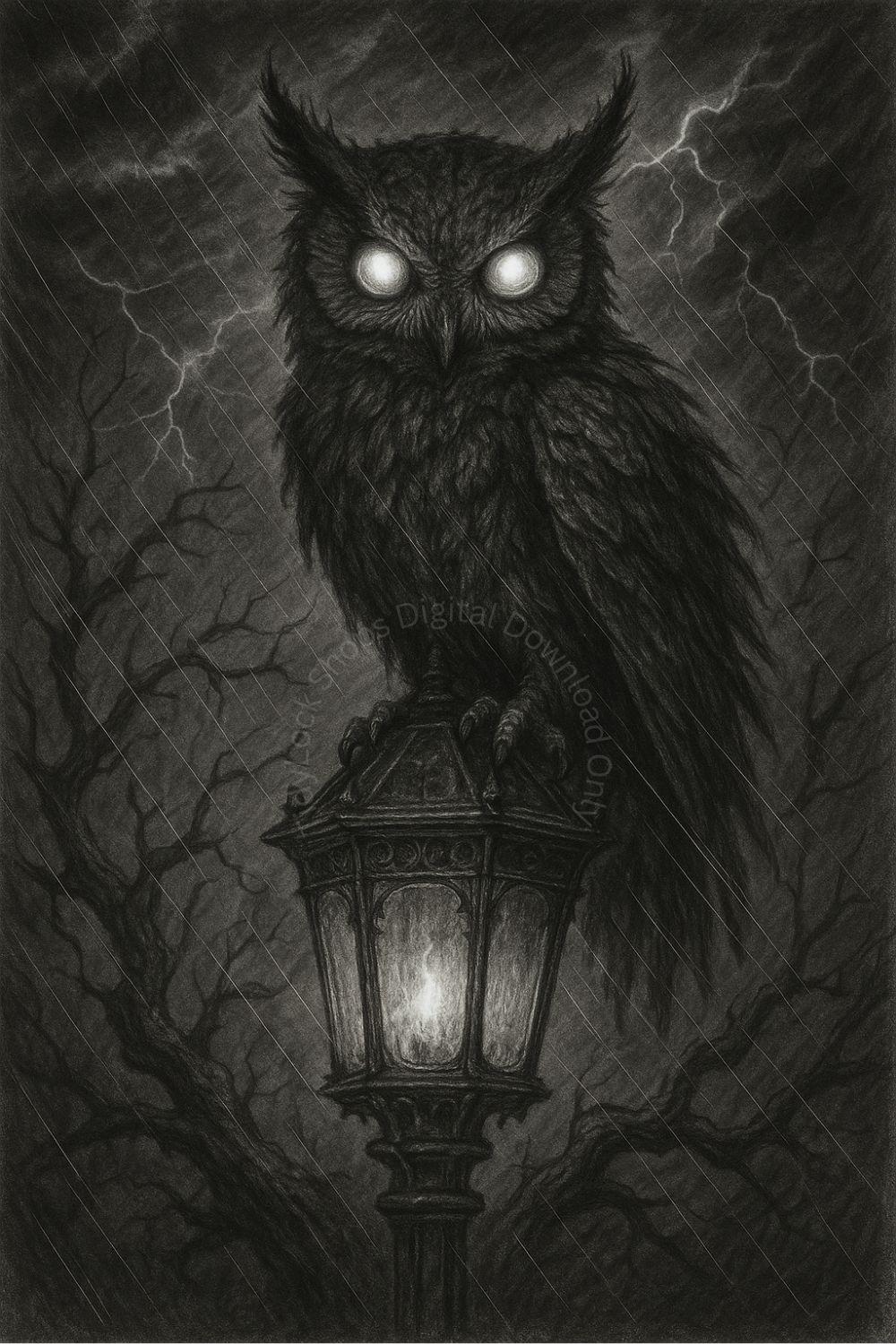 Night Owl Wall Art | Gothic Dark Owl Drawing | Dark Academia Digital Download Print
