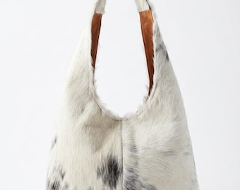 Cow Print Faux Fur Hobo Bag, Soft Shoulder Handbag, Minimalist Tote Purse