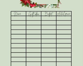 May include: A Christmas Gift List template with a light green background. The top features a floral frame with the text "Christmas Gift List". The bottom has wrapped gifts and bells. The list has columns for Name, Gift Idea, Budget, and Actual Price.