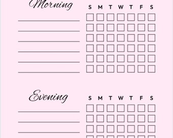 May include: A pink skincare routine tracker with the words "SkinCare Routine" at the top. The tracker is divided into morning and evening sections, with space to write and boxes for each day of the week.
