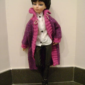Peut inclure: Une poupée aux cheveux noirs courts portant un cardigan en tricot violet et rose, un pantalon noir et des chaussures noires. La poupée porte une chemise blanche sous le cardigan.