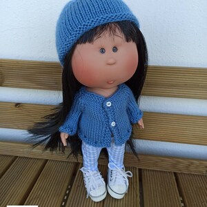 375. Mia Nines Onil - Lutin de lune Mia - Fiche tricot en français et en anglais pour réaliser un gilet et un bonnet
