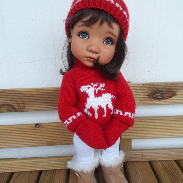 362. French and english knitting pattern PDF - Sweater, hat and mitten for doll Mae by Meadow doll