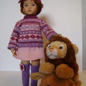 155. Little Darling - French and english knitting pattern PDF - Sweater, skirt, hat and long socks for Little Darling doll 13&#39;&#39;