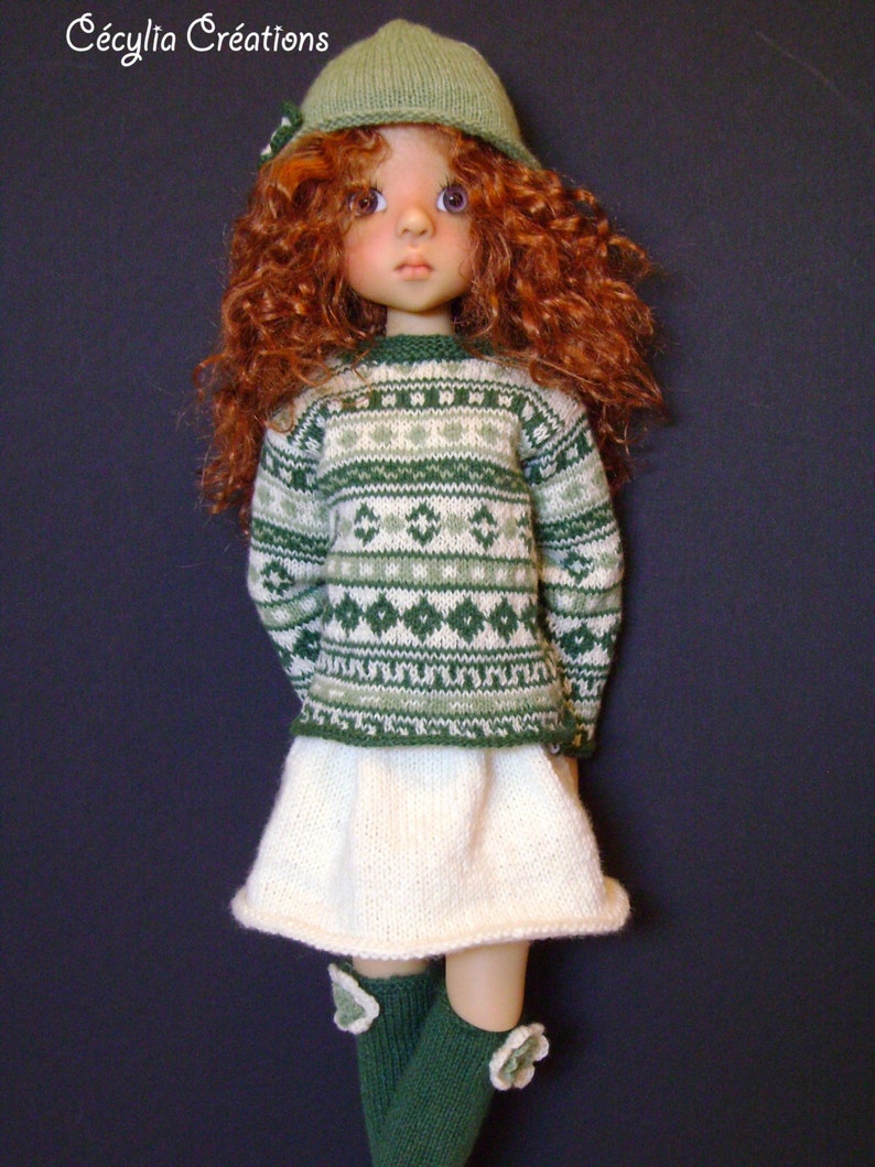 153. Kaye Wiggs French and english knitting pattern PDF Sweater, skirt, hat and long socks for Layla, MSD Kaye Wiggs doll image 1