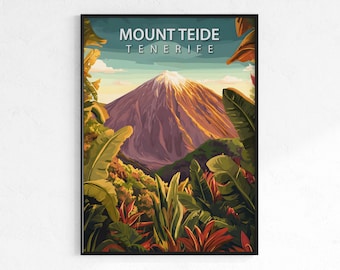 Mount Teide travel poster, retro vintage volcano wall art, Map print, Tenerife mountain decor, wanderlust gift, Canary Islands scenic poster
