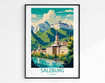 Salzburg Austria Travel Poster - Vintage Retro City Wall Art Print, Alps Poster, Europe Travel Print, Wanderlust Decor Gift
