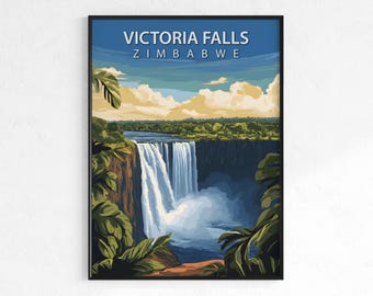 Victoria Falls travel poster, vintage waterfall wall art, Map print, Zimbabwe nature decor, wanderlust gift, African river landscape art
