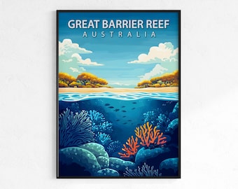Great Barrier Reef travel poster, retro vintage ocean wall art, Map print, coastal Australia decor, wanderlust gift, beach house wall art