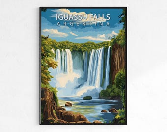 Iguassu Falls travel poster, retro vintage waterfall wall art, Map print, Argentina nature decor, wanderlust gift, South America poster