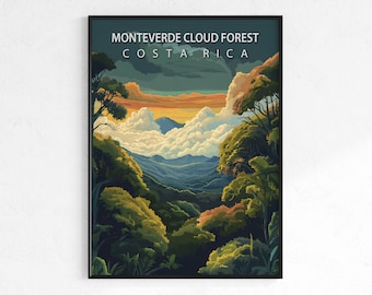 Monteverde travel poster, retro vintage forest wall art print, Map print, Costa Rica jungle decor, wanderlust gift, tropical nature poster
