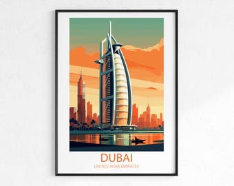 Dubai Travel Poster - Vintage Retro City Wall Art Print, Skyline Poster, Middle East Travel Print, Wanderlust Home Decor Gift