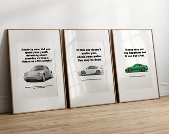 Porsche poster bundle of 3 – 911 992 Turbo, 911 993 GT2 R, 911 964 Carrera RS 3.6, car poster, sports car wall art, automotive print