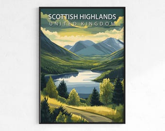 Scottish Highlands travel poster, retro vintage mountain wall art, Map print, UK landscape decor, wanderlust gift, Scotland nature poster
