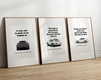 Porsche poster bundle of 3 – 911 993 GT2 R, 911 Carrera RS, 911 992 Turbo S, car poster, sports car wall art, automotive racing print