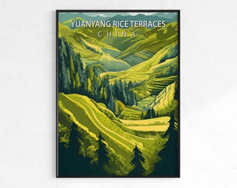 Yuanyang Rice Terraces travel poster, vintage landscape wall art, Map print, China nature decor, wanderlust gift, Asian countryside poster