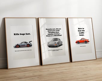Porsche poster bundle of 3 – 911 G-Series Turbo, 911 964 Carrera, 911 992 GT3 RS, car poster, sports car wall art, classic Porsche print