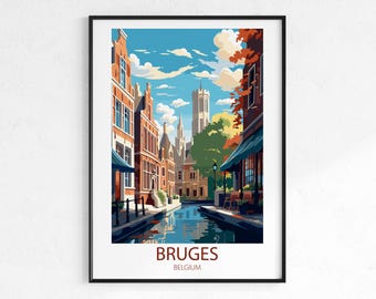 Bruges Belgium Travel Poster - Vintage Retro City Wall Art Print, Canal Poster, Europe Travel Print, Wanderlust Decor Gift