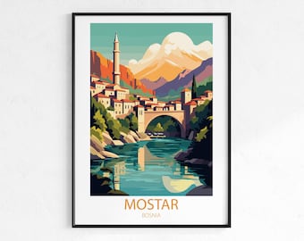 Mostar Bosnia Travel Poster - Retro Wall Art Print, Vintage Europe City Poster, Balkan Travel Print, Home Decor Gift for Travelers