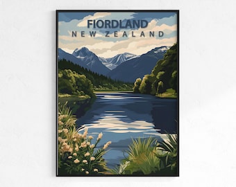 Fiordland travel poster, retro vintage mountain wall art, Map print, alpine New Zealand decor, wanderlust gift, scenic nature wall art print