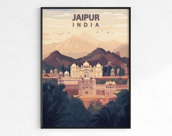 Jaipur travel poster, retro vintage city wall art print, Map print, India architecture decor, wanderlust gift, Pink City palace poster