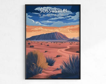 Sossusvlei travel poster, retro vintage desert wall art, Map print, Namibia sand dunes decor, wanderlust gift, African landscape poster