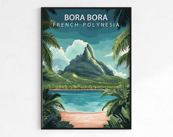 Bora Bora travel poster, retro vintage island wall art print, Map print, tropical beach decor, wanderlust gift, French Polynesia poster