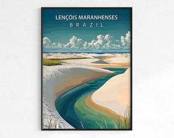 Lençóis Maranhenses travel poster, retro vintage desert wall art, Map print, Brazil scenic decor, wanderlust gift, dunes and lagoon wall art