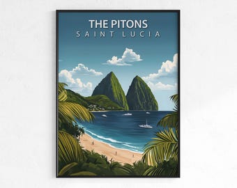Pitons travel poster, retro vintage island wall art print, Map print, Saint Lucia tropical decor, wanderlust gift, Caribbean coastal poster