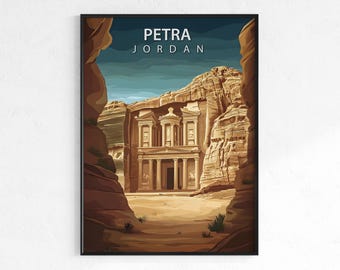 Petra travel poster, retro vintage ruins wall art print, Map print, Jordan heritage decor, wanderlust gift, ancient Middle East wall art