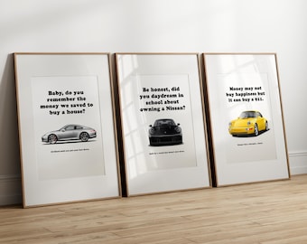 Porsche poster bundle of 3 – 911 964 Carrera RS 3.6, 911 991 Carrera S, 911 992 Carrera 4 GTS, car poster, sports car wall art