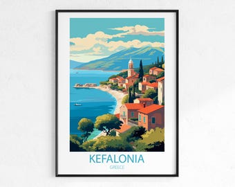 Kefalonia Greece Travel Poster - Retro Island Wall Art Print, Vintage Mediterranean Poster, Coastal Travel Print, Wanderlust Home Decor Gift