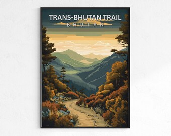 Trans-Bhutan Trail travel poster, retro vintage hiking wall art, Map print, Bhutan mountain decor, wanderlust gift, Asian adventure poster
