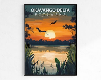 Okavango Delta travel poster, retro vintage safari wall art, Map print, Botswana wildlife decor, wanderlust gift, African nature wall art