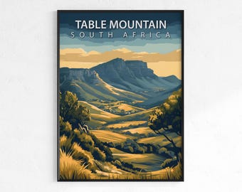 Table Mountain travel poster, retro vintage mountain wall art, Map print, South Africa scenic decor, wanderlust gift, Cape Town poster