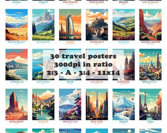 Vintage Travel Poster Bundle - 30 Retro Printable Wall Art Prints, Digital Download City & Landscape Decor, Wanderlust Gallery Set