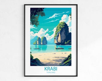 Krabi Thailand Travel Poster - Vintage Retro Beach Wall Art Print, Coastal Travel Poster, Island Decor Gift, Wanderlust Home Print