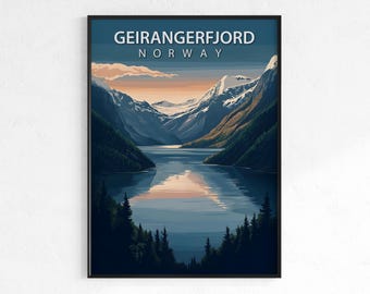 Geirangerfjord travel poster, retro vintage fjord wall art print, Map print, Norway coastal decor, wanderlust gift, Nordic landscape poster