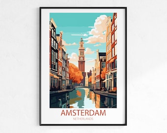 Amsterdam Netherlands Travel Poster - Vintage Retro City Wall Art Print, Canal Poster, Europe Travel Print, Wanderlust Decor Gift