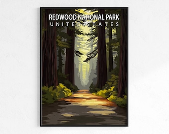 Redwood National Park travel poster, retro vintage forest wall art, Map print, California nature decor, wanderlust gift, tall tree wall art