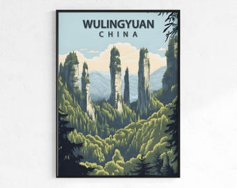 Wulingyuan travel poster, retro vintage mountain wall art print, Map print, China scenic decor, wanderlust gift, sandstone landscape poster
