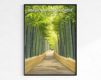 Arashiyama Bamboo Grove travel poster, retro vintage forest wall art, Map print, Japan nature decor, wanderlust gift, Kyoto bamboo wall art