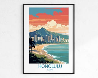 Honolulu Hawaii Travel Poster - Vintage Retro Beach Wall Art Print, Coastal Island Poster, USA Travel Print, Wanderlust Decor Gift