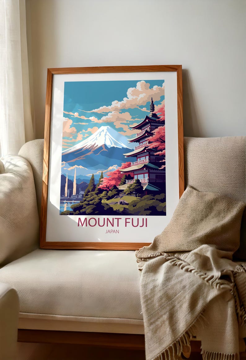 Mount Fuji Japan Travel Poster - Vintage Retro Mountain Wall Art Print ...