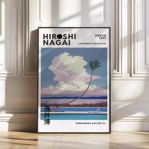 May include: A framed art print featuring a Hiroshi Nagai illustration of a leaning palm tree by a swimming pool under a large cloud. The text reads Hiroshi Nagai, Tokyo 1971, Vaporwave Collection, Bunkamura Gallery 8, and Japanese characters.